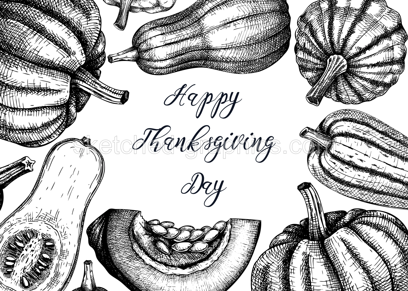 Sketched pumpkin frame. Thanksgiving day background. Autumn food black and white drawings. Vector vegetables, butternut squash, marrow, pumpkin slice sketches. Fall Harvest festival design template Illustration